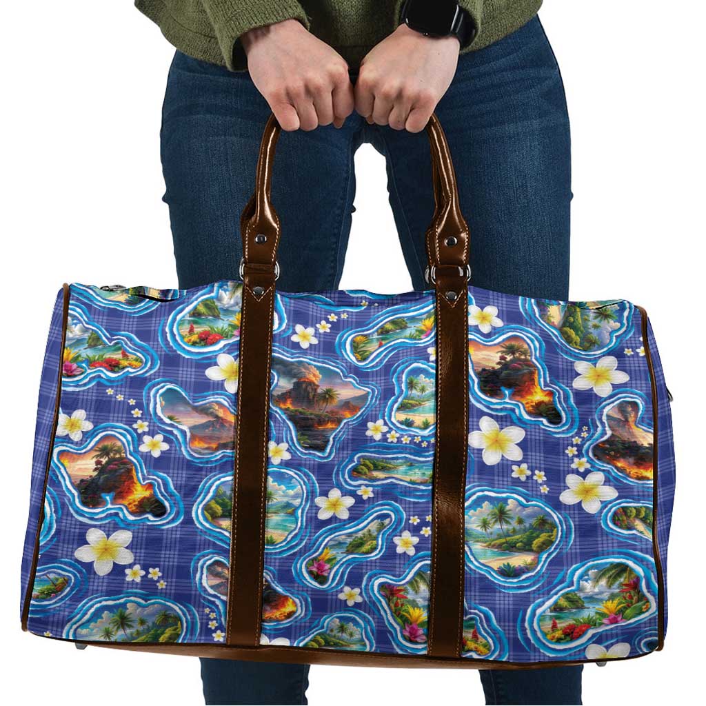 Hawaiian Island Shapes-Iconic Landscape Travel Bag with Plumeria and Palaka Blue Color