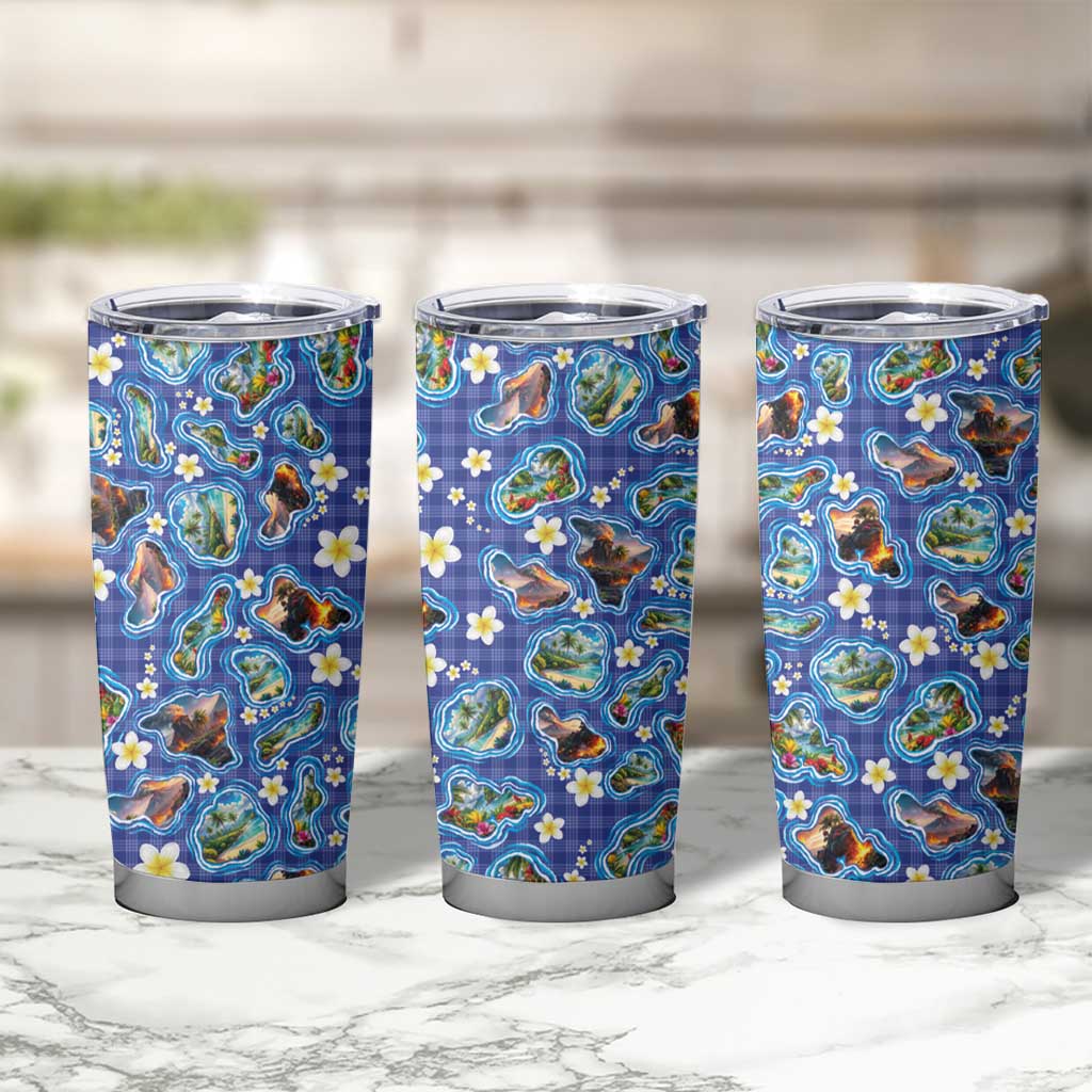 Hawaiian Island Shapes-Iconic Landscape Tumbler Cup with Plumeria and Palaka Blue Color LT03 - Polynesian Pride