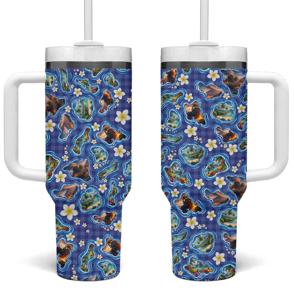 Hawaiian Island Shapes-Iconic Landscape Tumbler With Handle with Plumeria and Palaka Blue Color LT03 One Size: 40 oz Blue - Polynesian Pride