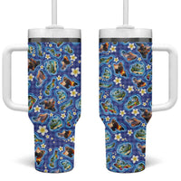 Hawaiian Island Shapes-Iconic Landscape Tumbler With Handle with Plumeria and Palaka Blue Color LT03 One Size: 40 oz Blue - Polynesian Pride