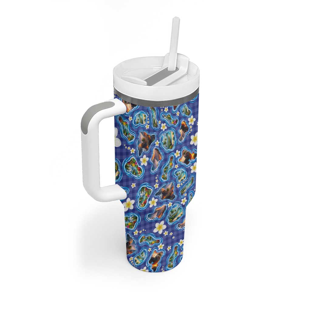 Hawaiian Island Shapes-Iconic Landscape Tumbler With Handle with Plumeria and Palaka Blue Color LT03 - Polynesian Pride