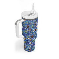 Hawaiian Island Shapes-Iconic Landscape Tumbler With Handle with Plumeria and Palaka Blue Color LT03 - Polynesian Pride