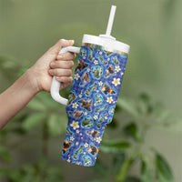 Hawaiian Island Shapes-Iconic Landscape Tumbler With Handle with Plumeria and Palaka Blue Color LT03 - Polynesian Pride
