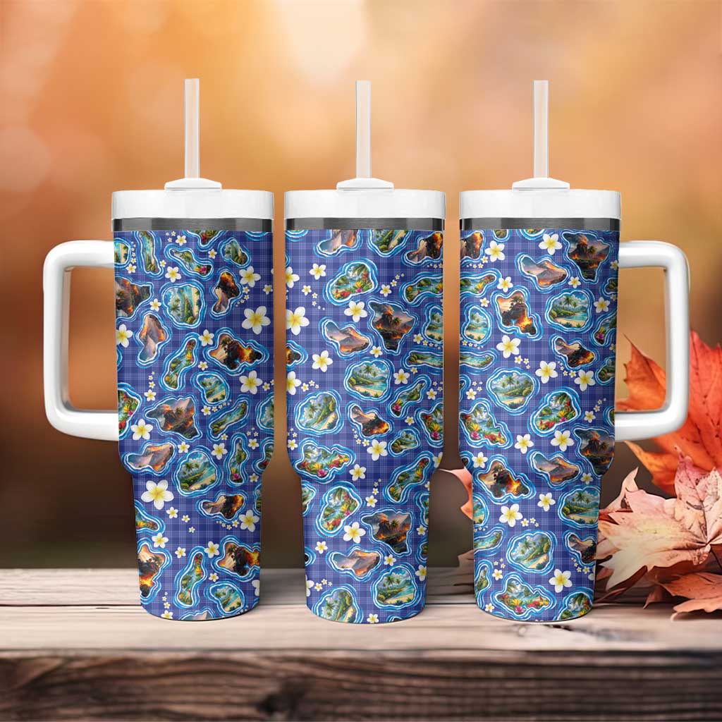 Hawaiian Island Shapes-Iconic Landscape Tumbler With Handle with Plumeria and Palaka Blue Color LT03 - Polynesian Pride