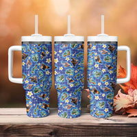 Hawaiian Island Shapes-Iconic Landscape Tumbler With Handle with Plumeria and Palaka Blue Color LT03 - Polynesian Pride