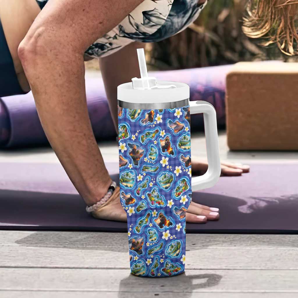 Hawaiian Island Shapes-Iconic Landscape Tumbler With Handle with Plumeria and Palaka Blue Color LT03 - Polynesian Pride
