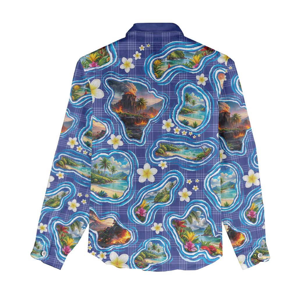 Hawaiian Island Shapes-Iconic Landscape Women Casual Shirt with Plumeria and Palaka Blue Color LT03 - Polynesian Pride