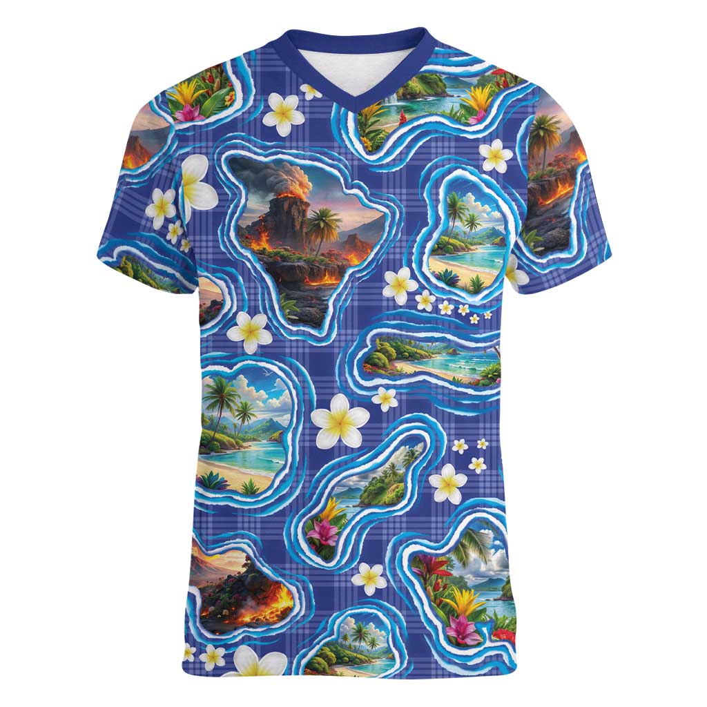 Hawaiian Island Shapes-Iconic Landscape Women V-Neck T-Shirt with Plumeria and Palaka Blue Color LT03 Female Blue - Polynesian Pride