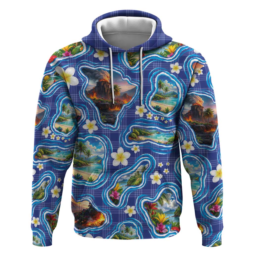 Hawaiian Island Shapes-Iconic Landscape Zip Hoodie with Plumeria and Palaka Blue Color LT03 Pullover Hoodie Blue - Polynesian Pride