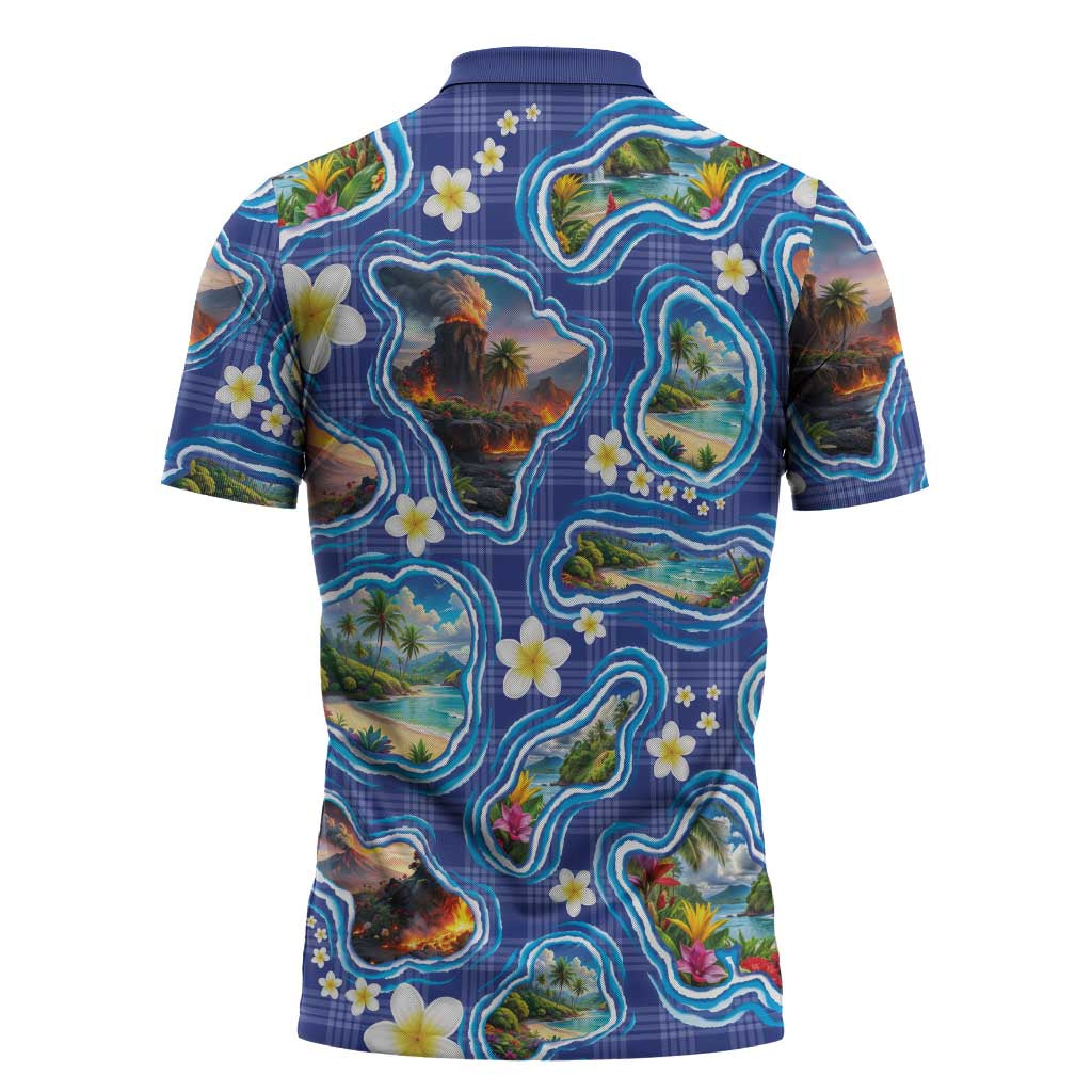 Hawaiian Island Shapes-Iconic Landscape Zipper Polo Shirt with Plumeria and Palaka Blue Color LT03 - Polynesian Pride