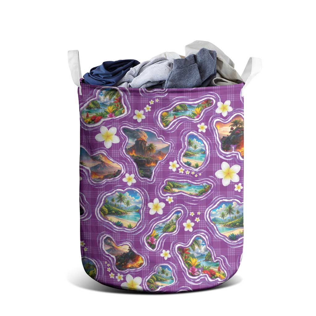 Hawaiian Island Shapes-Iconic Landscape Laundry Basket with Plumeria and Palaka Purple Color LT03 - Polynesian Pride