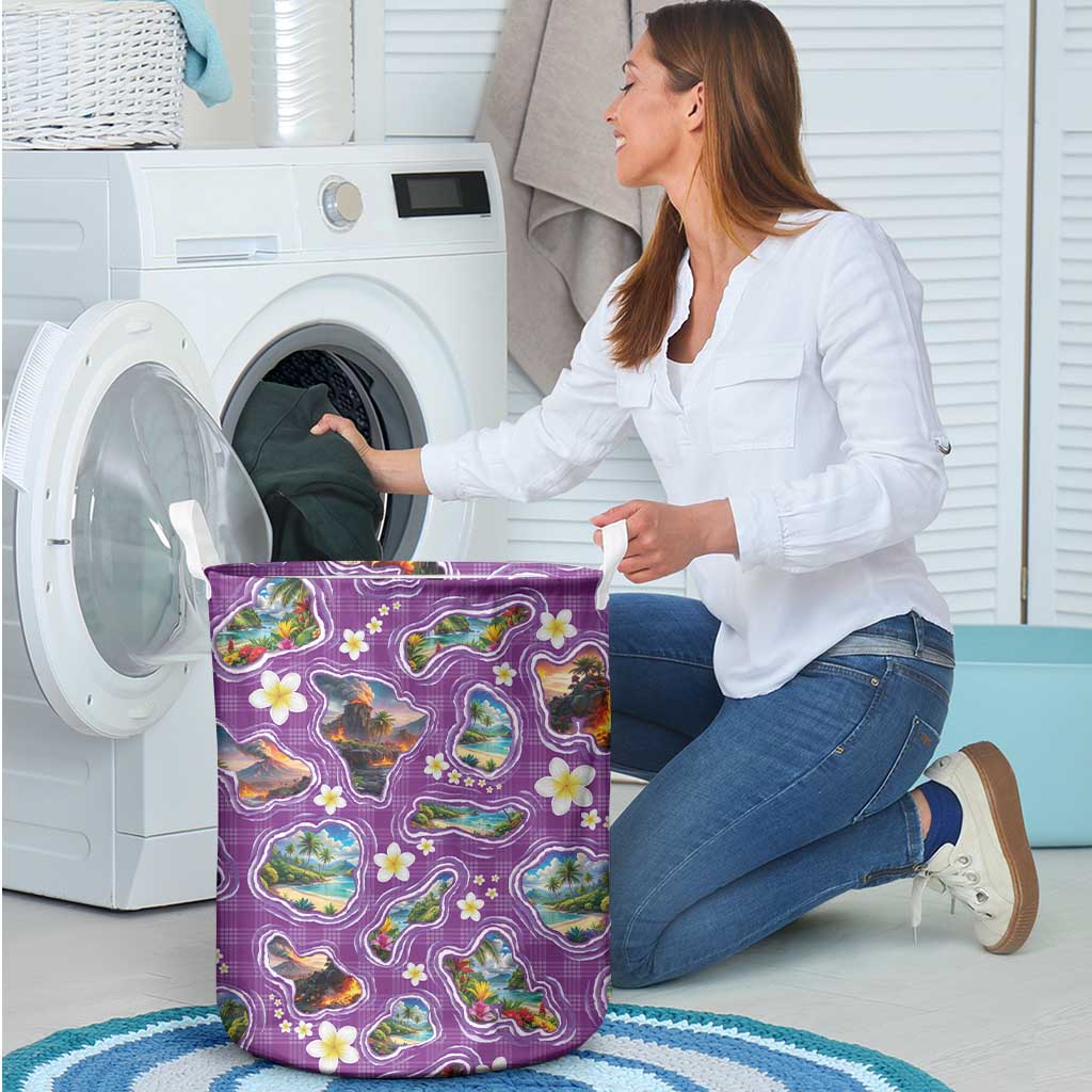 Hawaiian Island Shapes-Iconic Landscape Laundry Basket with Plumeria and Palaka Purple Color LT03 - Polynesian Pride