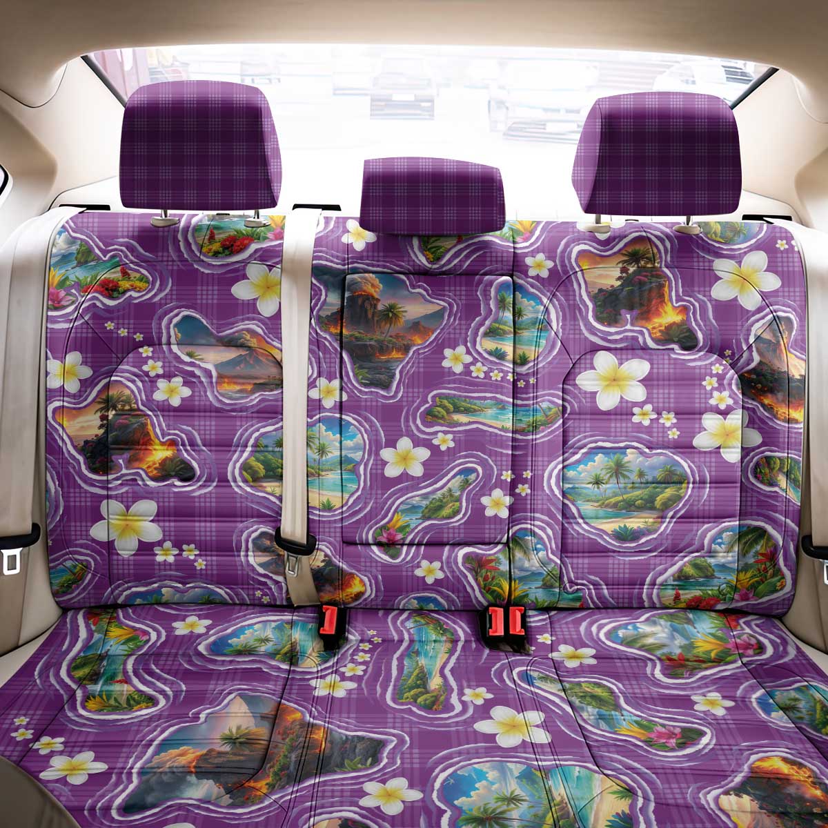 Hawaiian Island Shapes-Iconic Landscape Back Car Seat Cover with Plumeria and Palaka Purple Color LT03 - Polynesian Pride