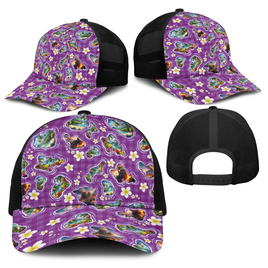 Hawaiian Island Shapes-Iconic Landscape Baseball Net Cap with Plumeria and Palaka Purple Color LT03 - Polynesian Pride