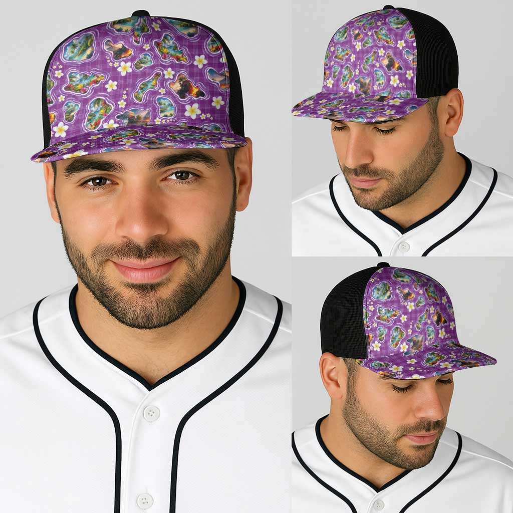 Hawaiian Island Shapes-Iconic Landscape Baseball Net Cap with Plumeria and Palaka Purple Color LT03 - Polynesian Pride