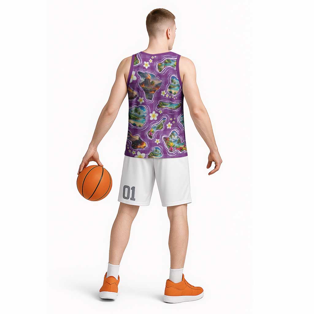 Hawaiian Island Shapes-Iconic Landscape Basketball Jersey with Plumeria and Palaka Purple Color LT03 - Polynesian Pride