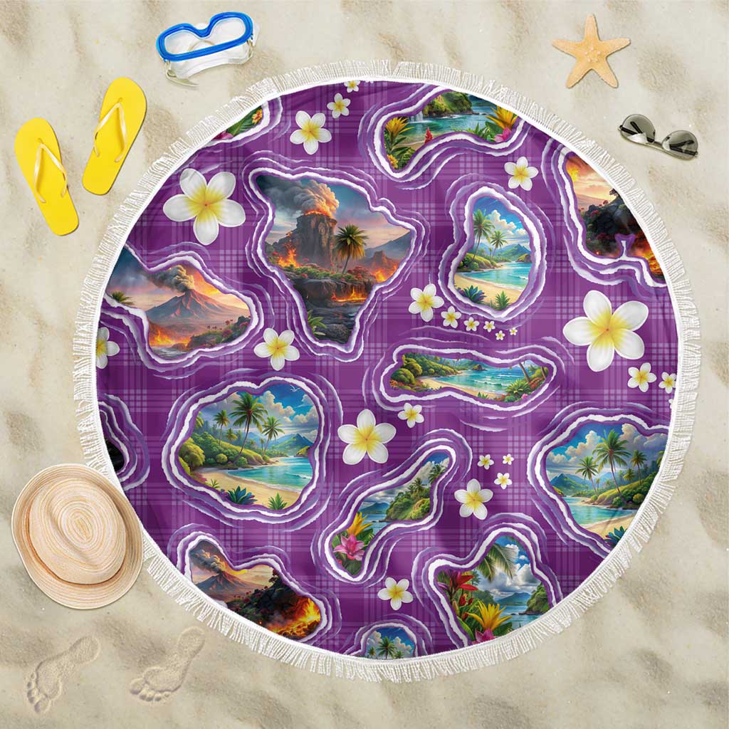 Hawaiian Island Shapes-Iconic Landscape Beach Blanket with Plumeria and Palaka Purple Color LT03 One Size 150cm Purple - Polynesian Pride