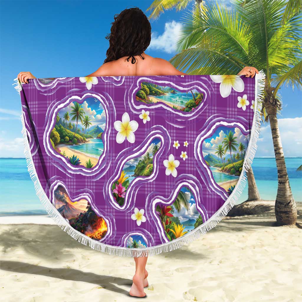 Hawaiian Island Shapes-Iconic Landscape Beach Blanket with Plumeria and Palaka Purple Color LT03 - Polynesian Pride