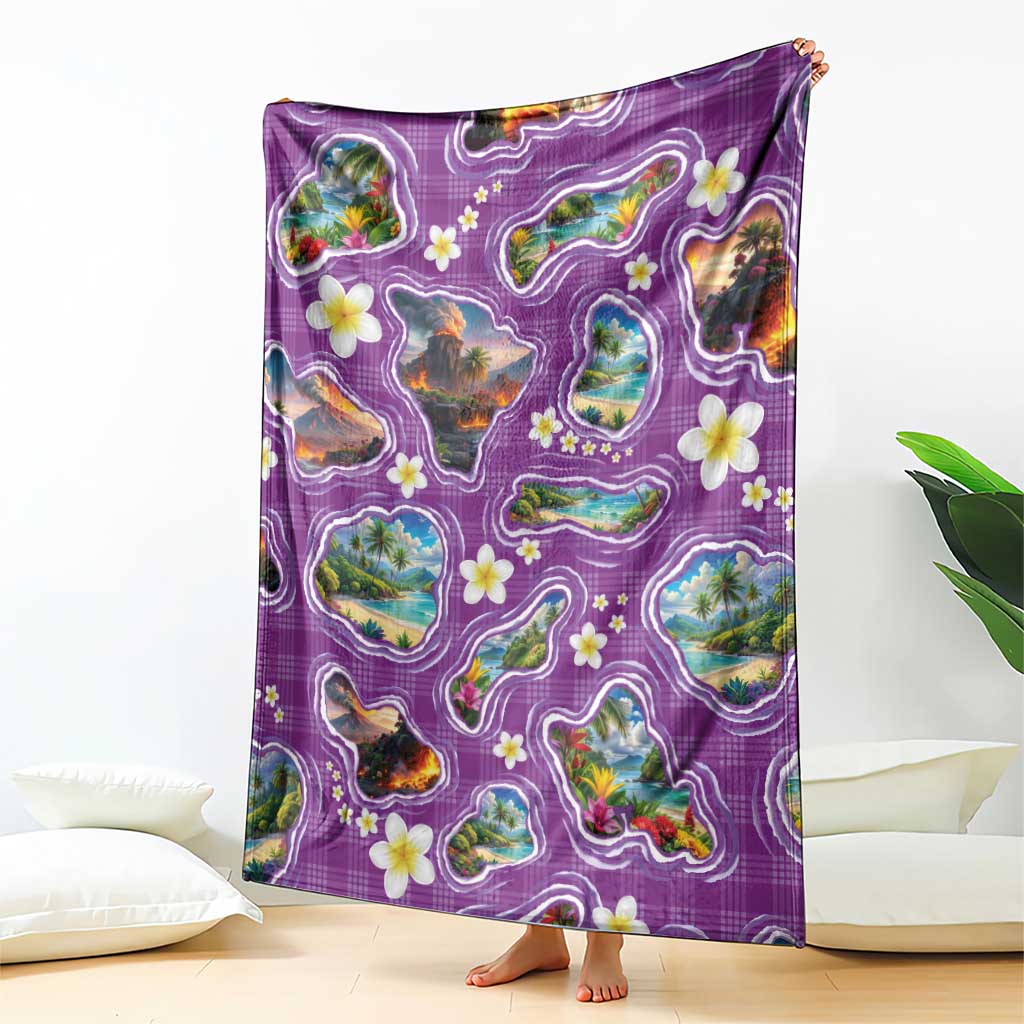 Hawaiian Island Shapes-Iconic Landscape Blanket with Plumeria and Palaka Purple Color LT03 - Polynesian Pride