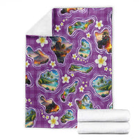 Hawaiian Island Shapes-Iconic Landscape Blanket with Plumeria and Palaka Purple Color LT03 - Polynesian Pride