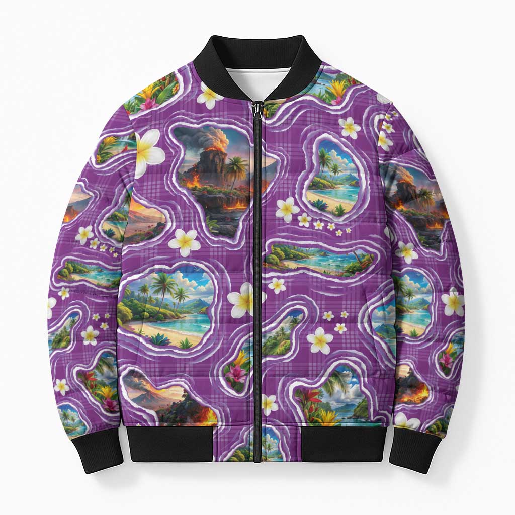 Hawaiian Island Shapes-Iconic Landscape Bomber Puffer Jacket with Plumeria and Palaka Purple Color LT03 Unisex Purple - Polynesian Pride