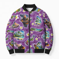 Hawaiian Island Shapes-Iconic Landscape Bomber Puffer Jacket with Plumeria and Palaka Purple Color LT03 Unisex Purple - Polynesian Pride