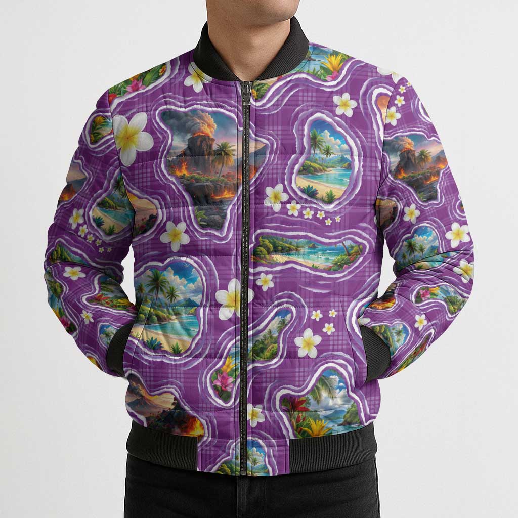 Hawaiian Island Shapes-Iconic Landscape Bomber Puffer Jacket with Plumeria and Palaka Purple Color LT03 - Polynesian Pride