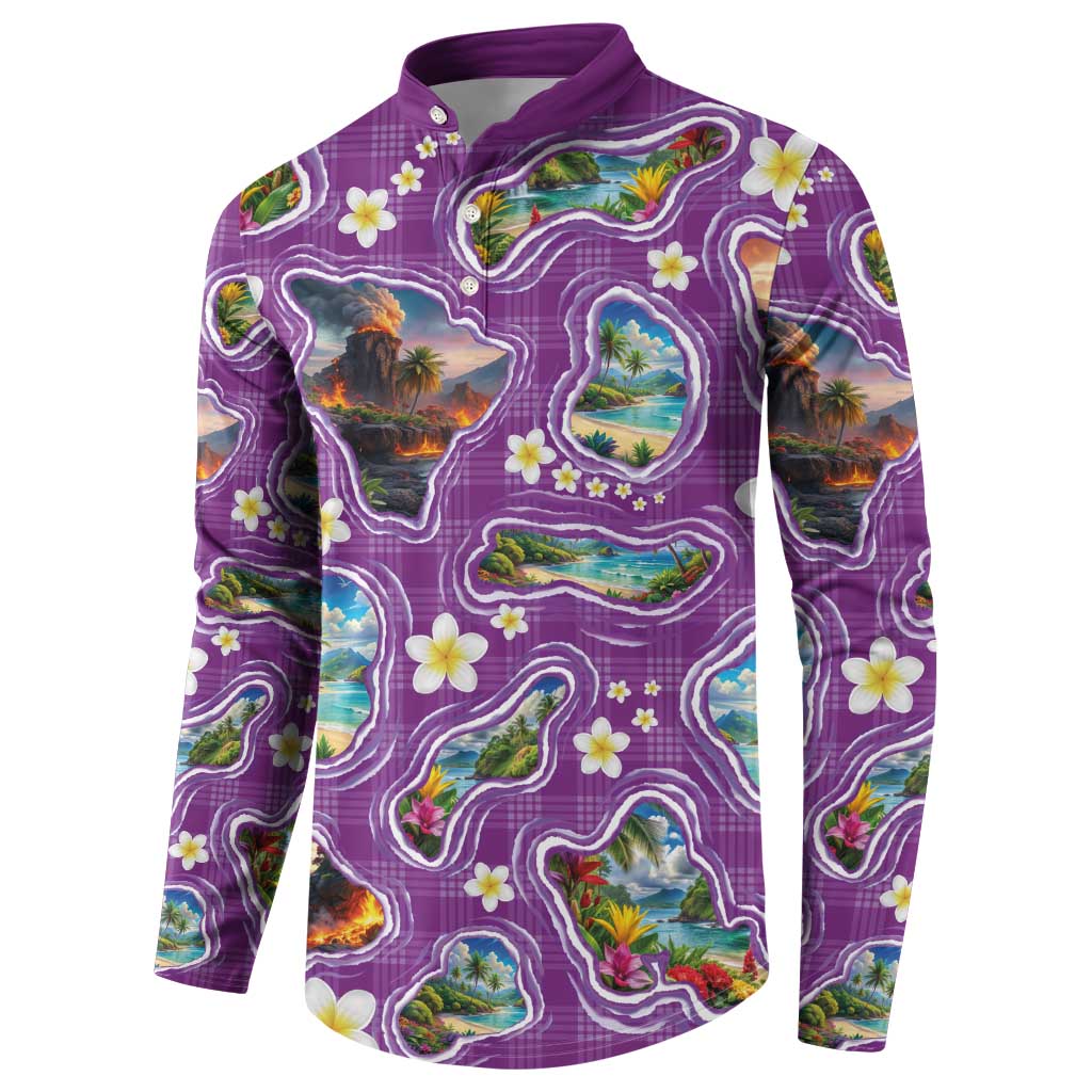 Hawaiian Island Shapes-Iconic Landscape Button Sweatshirt with Plumeria and Palaka Purple Color LT03 - Polynesian Pride