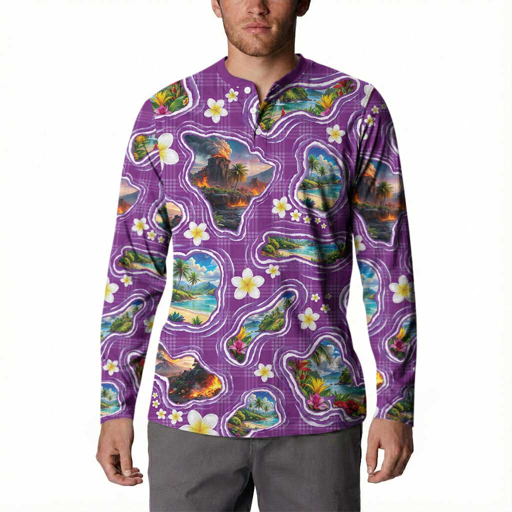 Hawaiian Island Shapes-Iconic Landscape Button Sweatshirt with Plumeria and Palaka Purple Color LT03 - Polynesian Pride