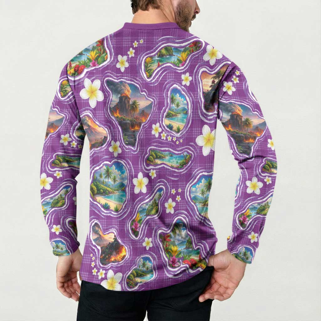 Hawaiian Island Shapes-Iconic Landscape Button Sweatshirt with Plumeria and Palaka Purple Color LT03 - Polynesian Pride