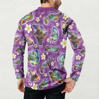 Hawaiian Island Shapes-Iconic Landscape Button Sweatshirt with Plumeria and Palaka Purple Color LT03 - Polynesian Pride