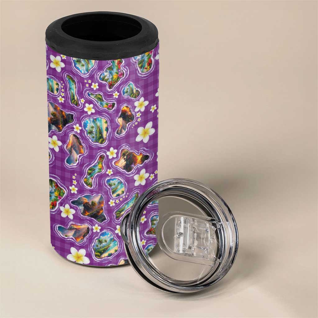 Hawaiian Island Shapes-Iconic Landscape 4 in 1 Can Cooler Tumbler with Plumeria and Palaka Purple Color LT03 - Polynesian Pride