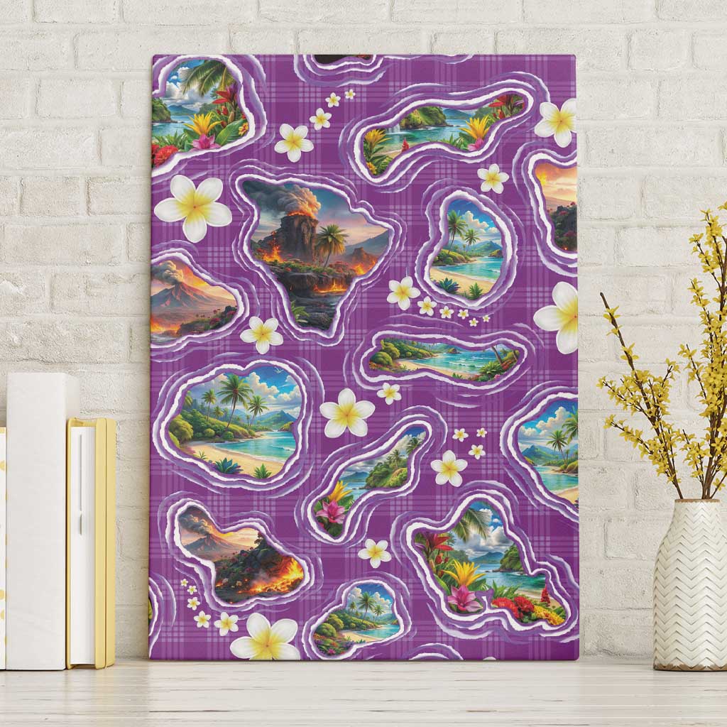 Hawaiian Island Shapes-Iconic Landscape Canvas Wall Art with Plumeria and Palaka Purple Color LT03 Without Frame Purple - Polynesian Pride