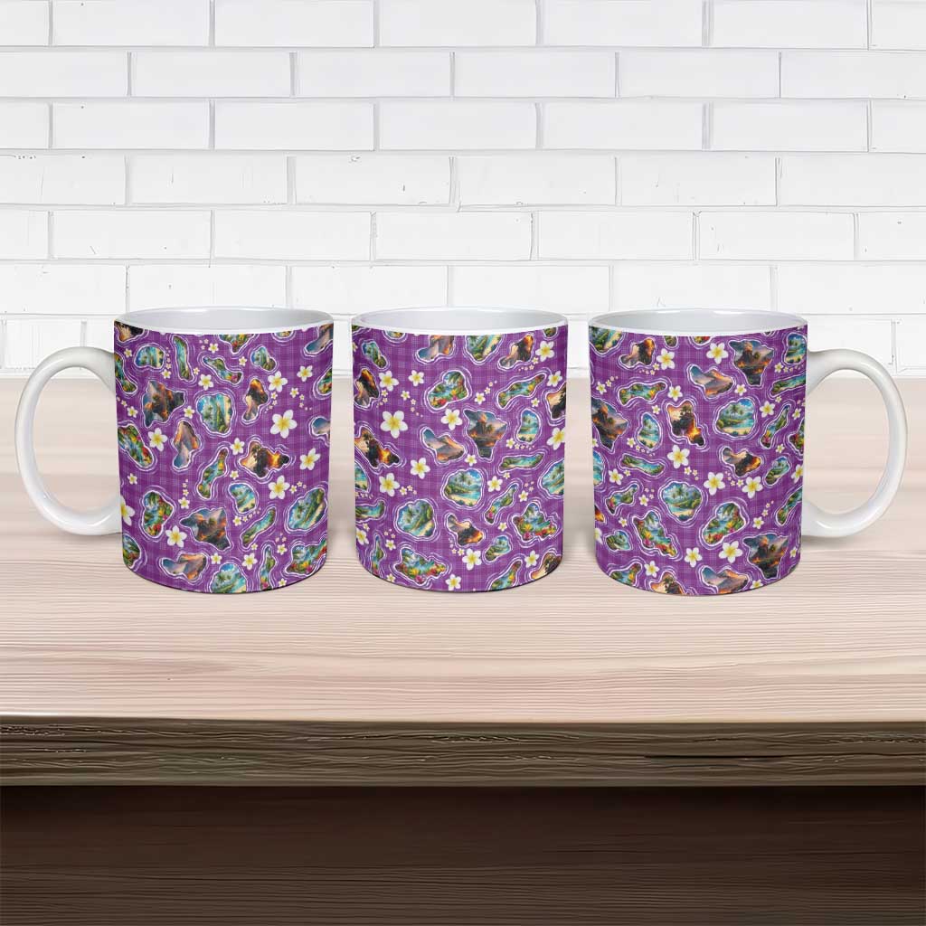 Hawaiian Island Shapes-Iconic Landscape Ceramic Mug with Plumeria and Palaka Purple Color LT03 - Polynesian Pride