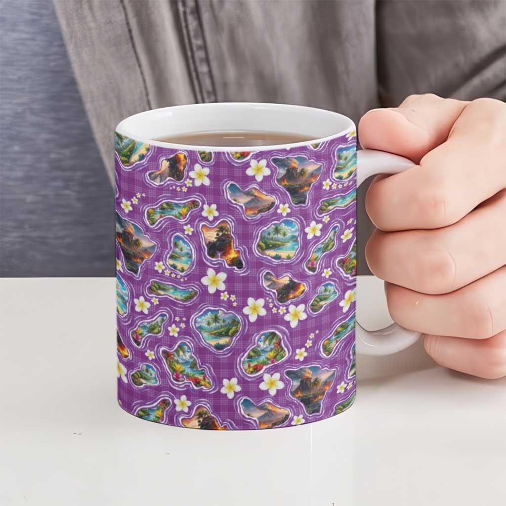 Hawaiian Island Shapes-Iconic Landscape Ceramic Mug with Plumeria and Palaka Purple Color LT03 - Polynesian Pride