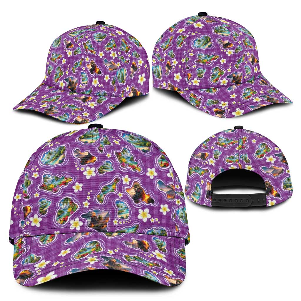 Hawaiian Island Shapes-Iconic Landscape Classic Cap with Plumeria and Palaka Purple Color LT03 - Polynesian Pride