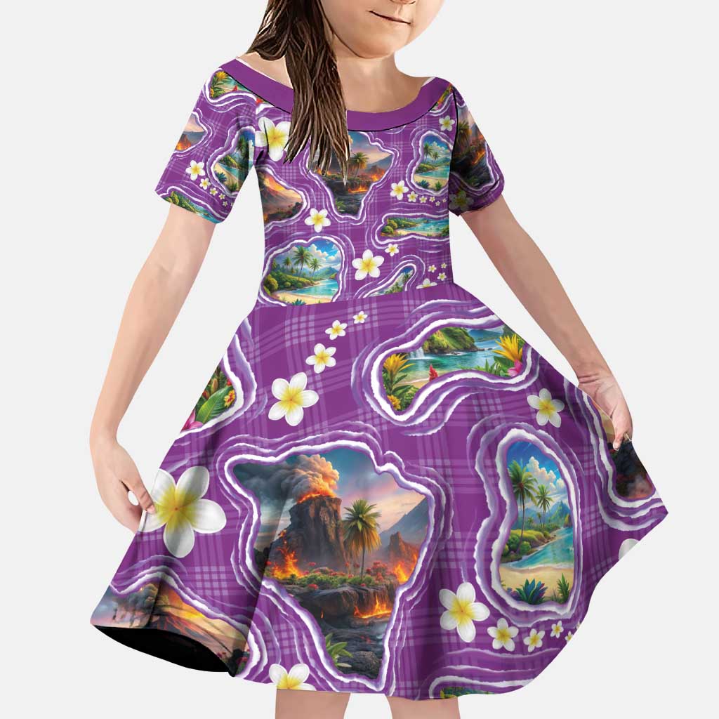 Hawaiian Island Shapes-Iconic Landscape Family Matching Long Sleeve Bodycon Dress and Hawaiian Shirt with Plumeria and Palaka Purple Color LT03 Daughter's Dress Purple - Polynesian Pride