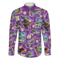 Hawaiian Island Shapes-Iconic Landscape Family Matching Long Sleeve Bodycon Dress and Hawaiian Shirt with Plumeria and Palaka Purple Color LT03 Dad's Shirt - Long Sleeve Purple - Polynesian Pride