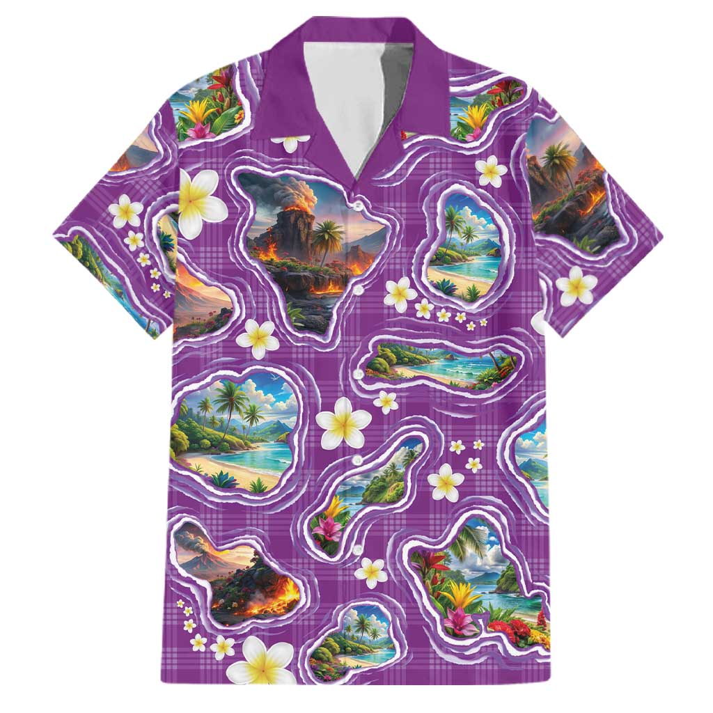 Hawaiian Island Shapes-Iconic Landscape Family Matching Mermaid Dress and Hawaiian Shirt with Plumeria and Palaka Purple Color LT03 Dad's Shirt - Short Sleeve Purple - Polynesian Pride