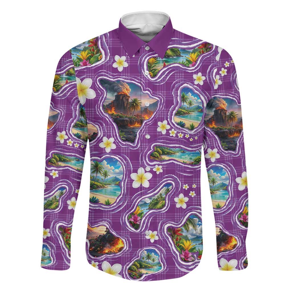 Hawaiian Island Shapes-Iconic Landscape Family Matching Mermaid Dress and Hawaiian Shirt with Plumeria and Palaka Purple Color LT03 Dad's Shirt - Long Sleeve Purple - Polynesian Pride