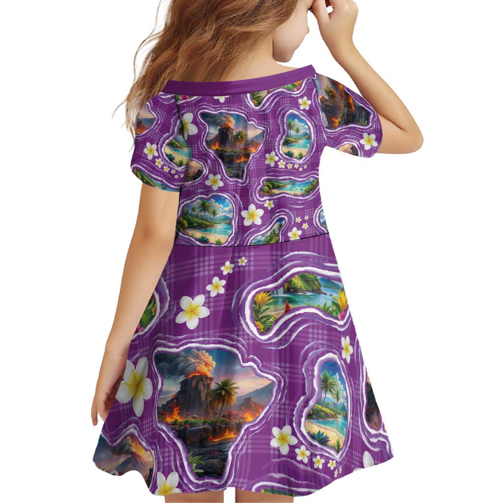 Hawaiian Island Shapes-Iconic Landscape Family Matching Off The Shoulder Long Sleeve Dress and Hawaiian Shirt with Plumeria and Palaka Purple Color LT03 - Polynesian Pride