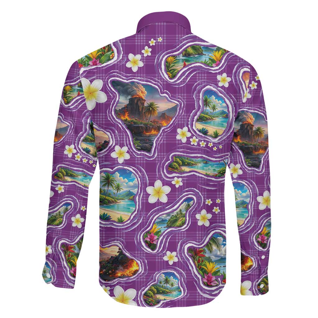 Hawaiian Island Shapes-Iconic Landscape Family Matching Off The Shoulder Long Sleeve Dress and Hawaiian Shirt with Plumeria and Palaka Purple Color LT03 - Polynesian Pride