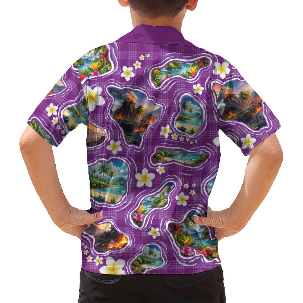 Hawaiian Island Shapes-Iconic Landscape Family Matching Off Shoulder Maxi Dress and Hawaiian Shirt with Plumeria and Palaka Purple Color LT03 - Polynesian Pride