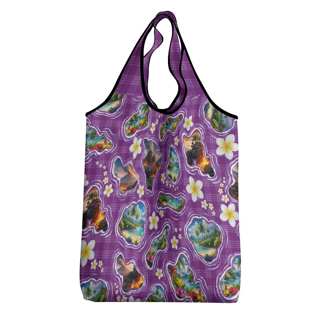 Hawaiian Island Shapes-Iconic Landscape Grocery Bag with Plumeria and Palaka Purple Color LT03 - Polynesian Pride