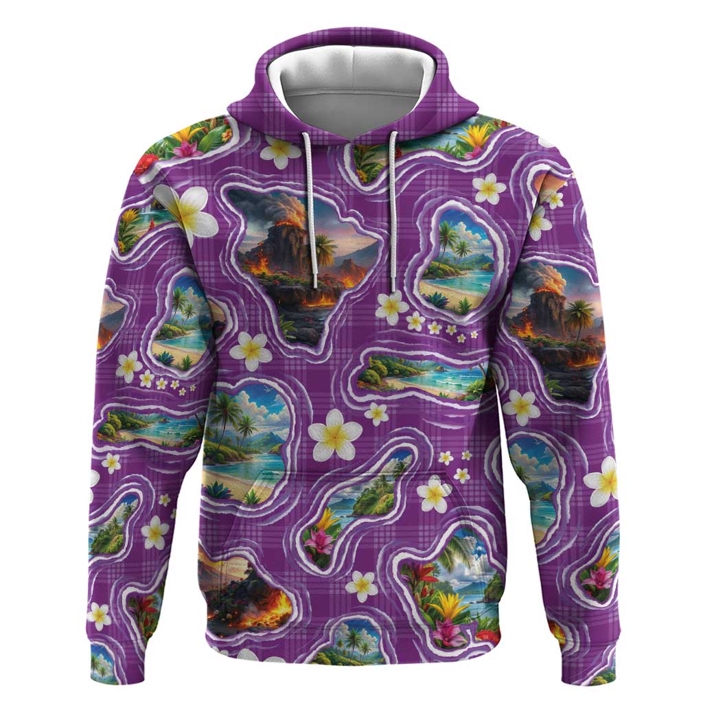 Hawaiian Island Shapes-Iconic Landscape Hoodie with Plumeria and Palaka Purple Color LT03 Pullover Hoodie Purple - Polynesian Pride