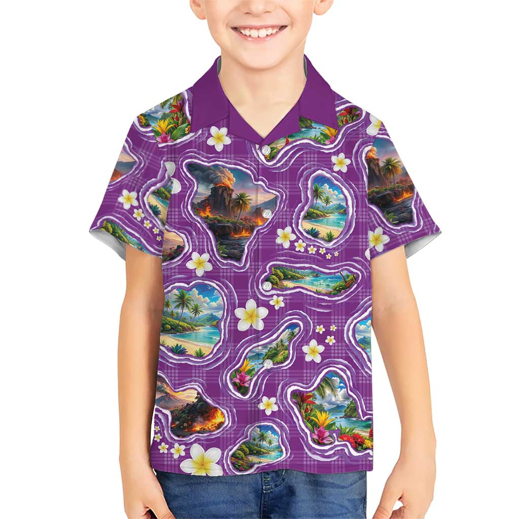 Hawaiian Island Shapes-Iconic Landscape Kid Hawaiian Shirt with Plumeria and Palaka Purple Color LT03 Kid Purple - Polynesian Pride
