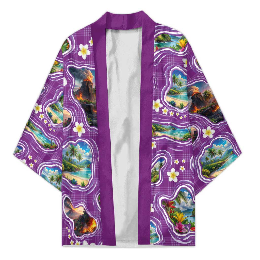 Hawaiian Island Shapes-Iconic Landscape Kimono with Plumeria and Palaka Purple Color LT03 Unisex Purple - Polynesian Pride