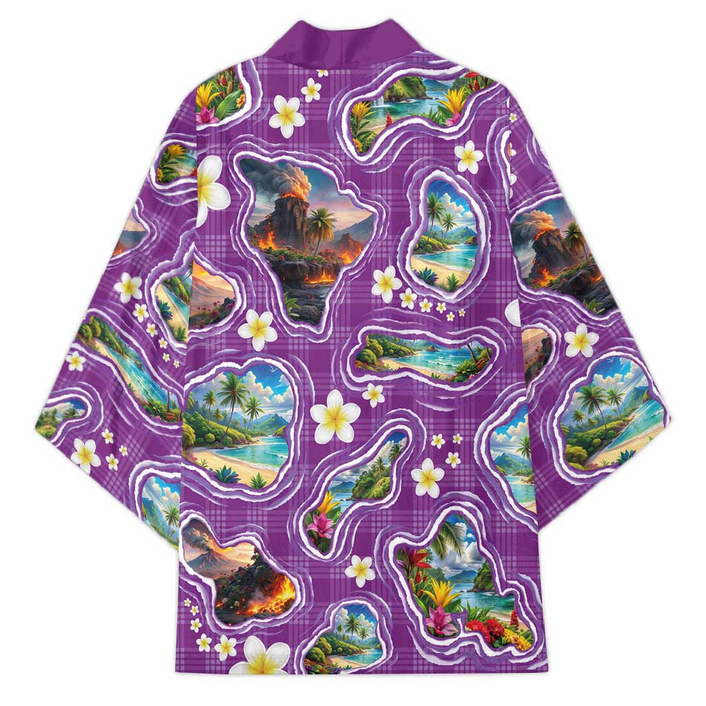 Hawaiian Island Shapes-Iconic Landscape Kimono with Plumeria and Palaka Purple Color LT03 - Polynesian Pride
