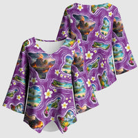 Hawaiian Island Shapes-Iconic Landscape Kimono Sleeve Blouse with Plumeria and Palaka Purple Color LT03 - Polynesian Pride