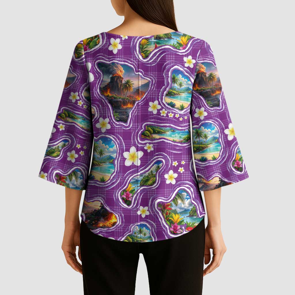 Hawaiian Island Shapes-Iconic Landscape Kimono Sleeve Blouse with Plumeria and Palaka Purple Color LT03 - Polynesian Pride